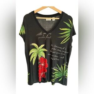 Chico's Travelers Top 3(XL) Short Sleeve Tropical Floral Hawaiian Script print